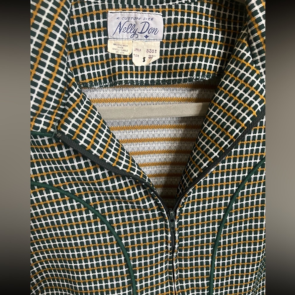 Vintage 70s Nelly Don Green Striped Zip Collared Androgynous Bowler Shirt BF🏷️ - Picture 2 of 2